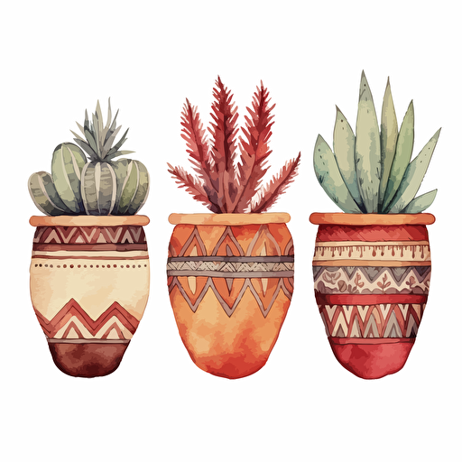 watercolor vector illustration boho three terracotta planters sticker white background