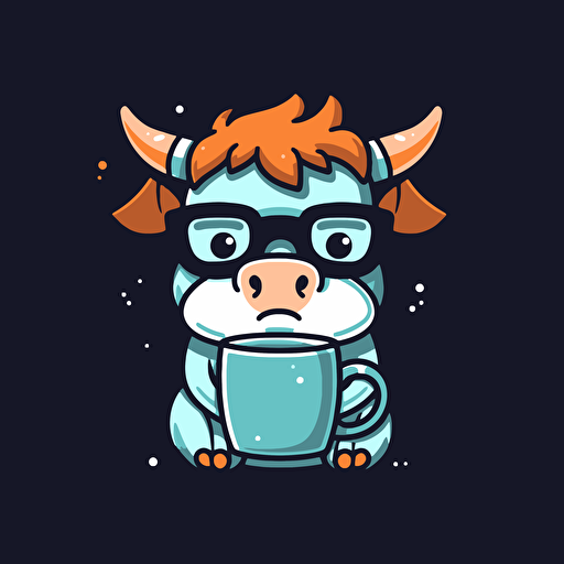 Cute Cow wearing glasses and drinking milk, comic vector illustration style, flat design, minimalist logo, minimalist icon, flat icon, adobe illustrator, cute, Simple