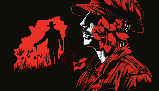 australian soldier and red poppy, moody and dramatic, minimalist, vector, contour