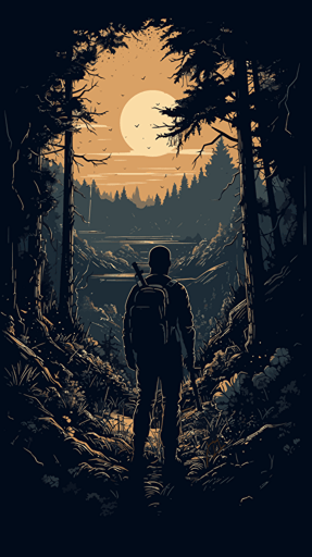 lone survivor looking at abandoned city from forest, slighly dark, vector illustration