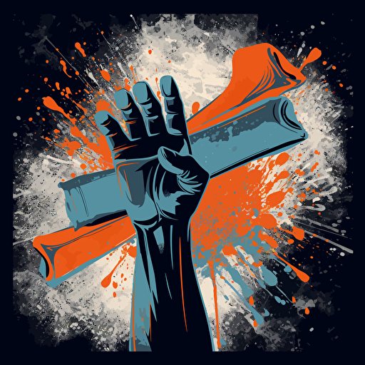a vector image of a black hand grasping a college diploma and holding it high into the air, blue and orange and dark gray, graffiti style