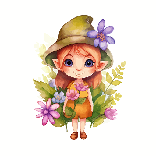 cute elf, flowers, detailed, cartoon style, 2d watercolor clipart vector, creative and imaginative, hd, white background