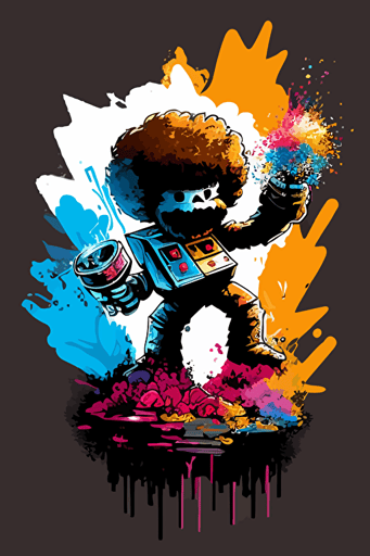 Bob Ross as a Mech with a giant paint brush shooting paint, vector art style, vibrant
