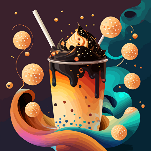 colorful vector art, boba tea caramel flavor, black boba balls, galaxy as background with colorful swirls
