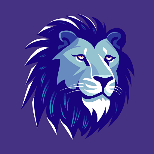flat, vector, logo, lion head, chin up, confident, facing right, modern, blue, white, purple
