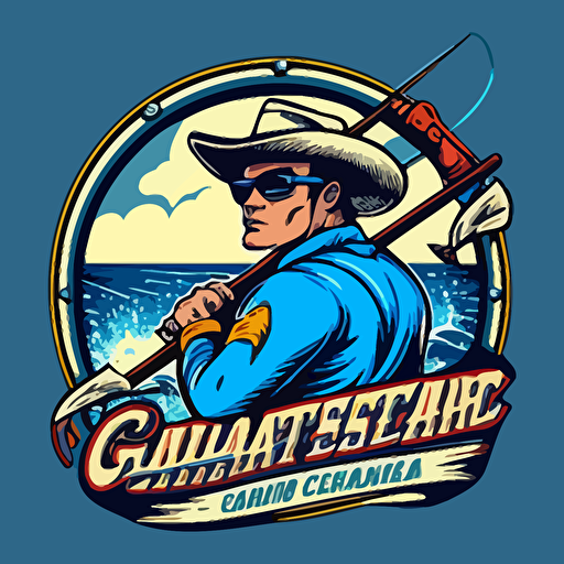 Logo retro design for an offshore fishing company "Saltwater Cowboy Charters" that features a young superman comic book style cowboy wearing sunglasses, holding a fishing pole, riding on top of a cartoon style blue marlin, flat, vector, 2D