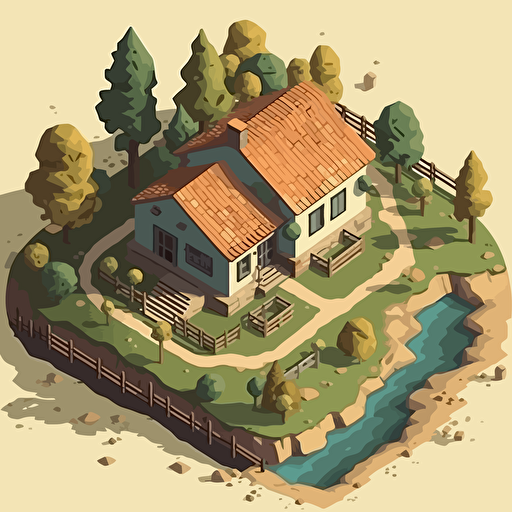 isometric vector art, house on a hill, forrest, road, long, small pool, spanish cottage