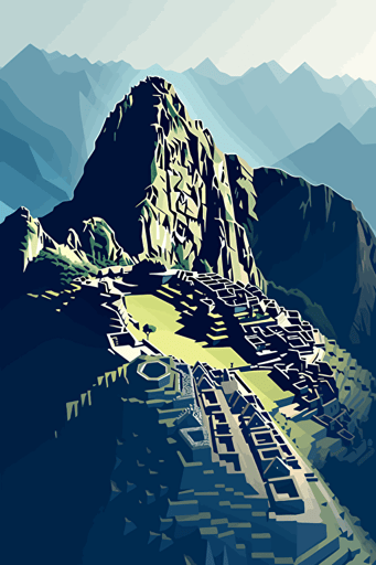 birds eye view of machu pichu, blue sky, vector design, minimalist, flat