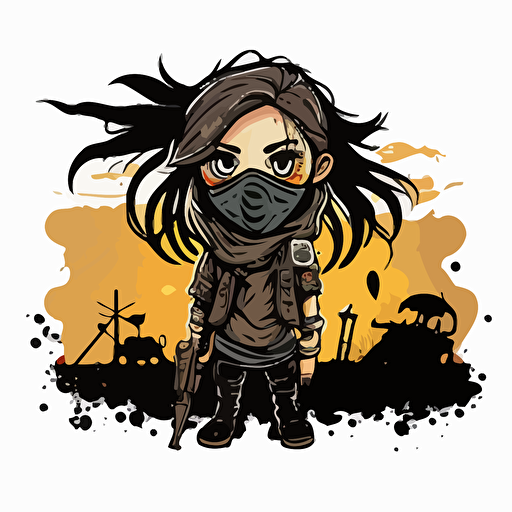 cute post apocalyptic girl, mad max, wasteland background, vector art, sticker