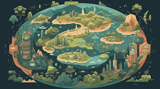 map of a foreign jungle planet, sparse civilization, mostly uninhabited, at least four natural landmarks and a crash site of a space ship, flat vector illustration