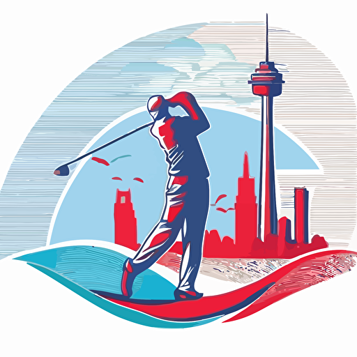 a flat vector logo of of a golfer swinging, the left side of the background is the CN Tower and the right side of the background is Niagara, blue and red colors, no text