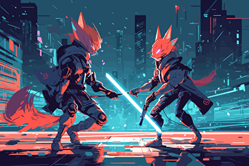 fight between FOX cyber punk and fox dark forces outfit battle, city cyber punk, anime background, vector