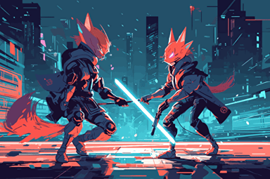 fight between FOX cyber punk and fox dark forces outfit battle, city cyber punk, anime background, vector