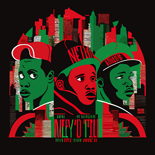 new york in a tribe called quest cover style, red and green on black background, vector illustrated, flat design