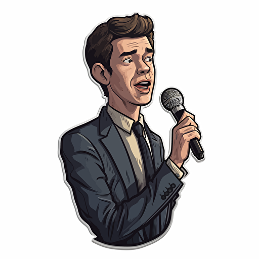 sticker design, super cute pixar John Mulaney performing standup, vector