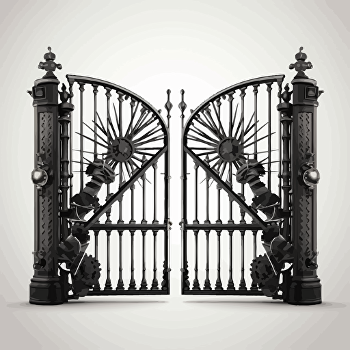 symmetrical open gates with a gear coming out of them, as simple as possible, vector