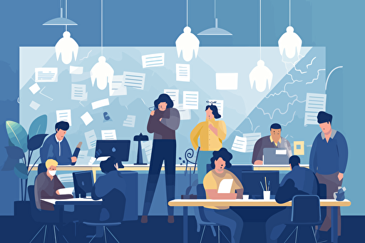 People in an office committing hate crimes, flat style illustration for business ideas, flat design vector, industrial, light and magical, high resolution, entrepreneur, colored cartoon style, light indigo and dark indigo, cad( computer aided design) , white background