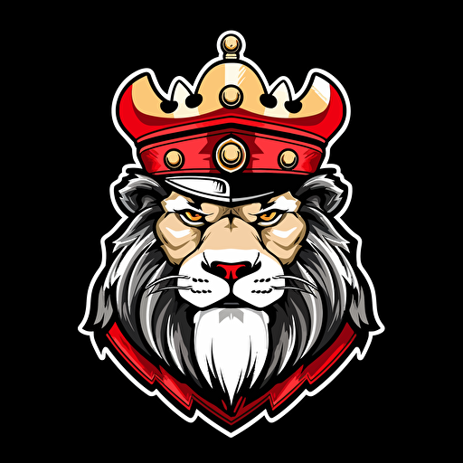 elegant commander soldier lion wearing a crown, vector logo, minimalist, gaming logo, color pallete red black and white