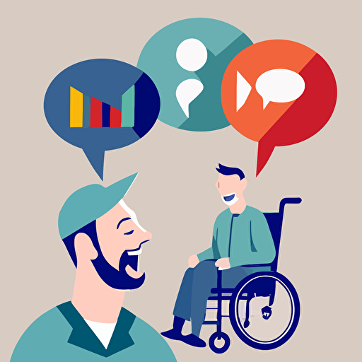 nurse behind man in wheelchair, happy, speech bubble, network, paper cutout collage vector, communication, interconnectedness, warm, positive