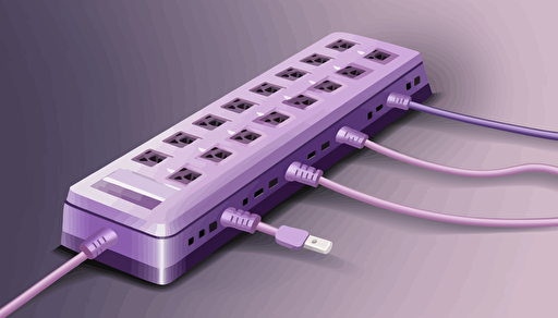 vector illustration of an power strip with many cords plugged in, sparse and simple, lavendar gradient background