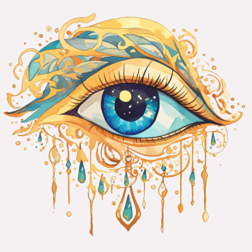stickers, eye of horus, in the style of rococo whimsy, light blue and light gold, pop inspo, water paint drops, blink-and-you-miss-it detail, florence harrison, sparklecore, transparent background, 8 pieces per photo, vector