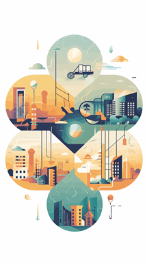 vector, collage of real-world assets (e.g., real estate, art, commodities) transitioning into digital tokens