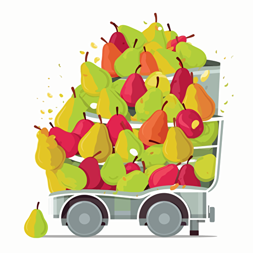 cross-section concrete mixer truck full of pears only, pears falling out, colorfull, vivid colors, white background, vector style