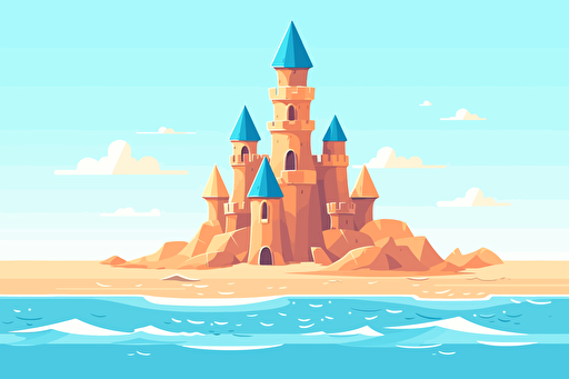 Lonely sand castle on sandy beach with blue sea ocean water and coast line clear summer sunny sky in background. Kid toys left on sand on holiday. Minimalist cartoon style flat vector illustration.