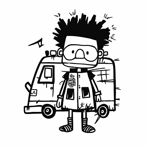 basquiat style first responder, simple vector black and white, children book illustration, minimalism,