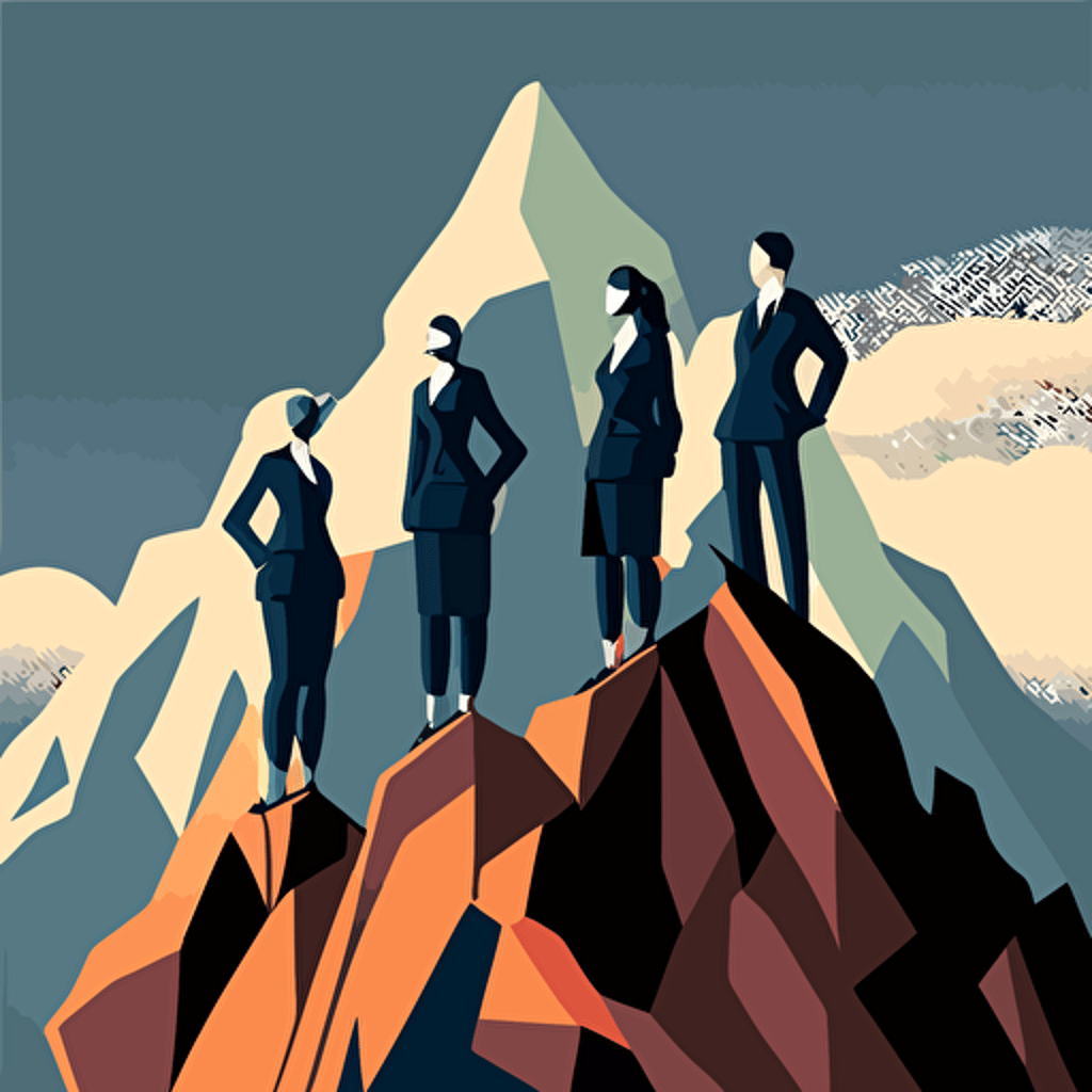 four women in business suit, on top of mountain peak, vector illustration
