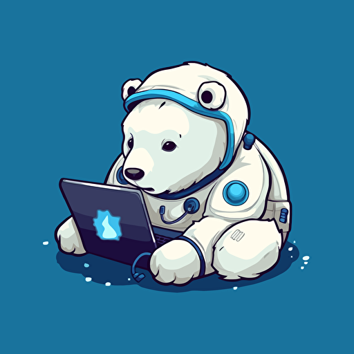 cute astronaut polar bear, using computer, cartoon style, vector, minimalist, logo, sticker
