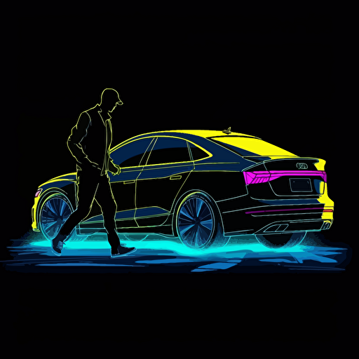 2023 audi a5 sportback and Rococo neon light,vector illustration, silhouette of a person extreme sports, dynamic posture