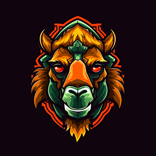 make a camel mascot logo design with hacking elements, esport logo, brutal, strong, colors like black, orange, red, shades of green, and some colors that are usually used in esport logo, falt vector, great details, solid background