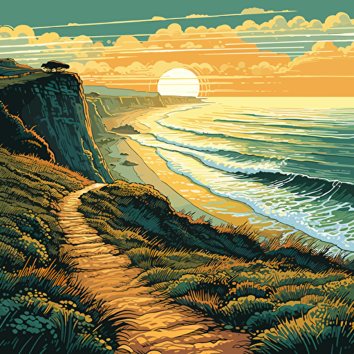 dirt path leading from cliff down to lost coast beach, sun on the horizon, sunset, large waves crashing in the ocean, evenly distributed swells in the distance, vectoral art, 70s pop art,