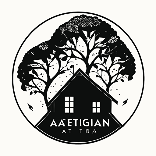 vector image logo, 3 color maximum, for the company name "Garden Attic." a house with a garden growing out from the roof. Minimal trees, no clouds, on white, black outline.