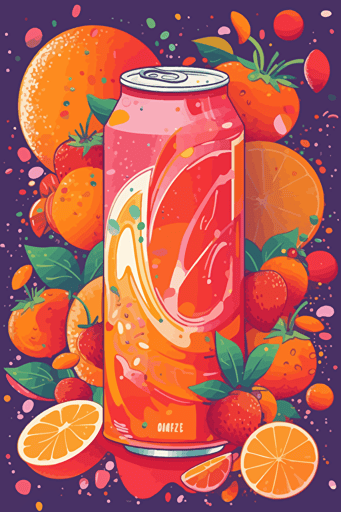 a colorful 2D vector label , flavor strawberry-orange-marshmallow soda, targeting teenagers, illustrations of Orange and strawberry, abstract and colorful shapes. Incorporate bubbles desing to emphasize the drink's bubbly texture.
