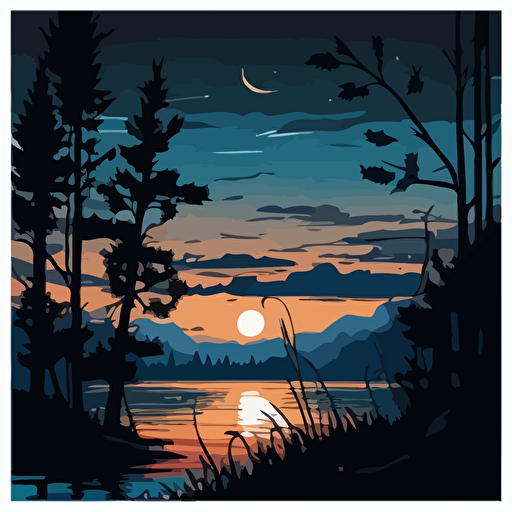 beautiful view of lake, evening sky, vector style