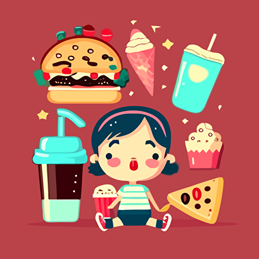 fast food, children's book illustration style, simple, cute, full color, flat color, vector