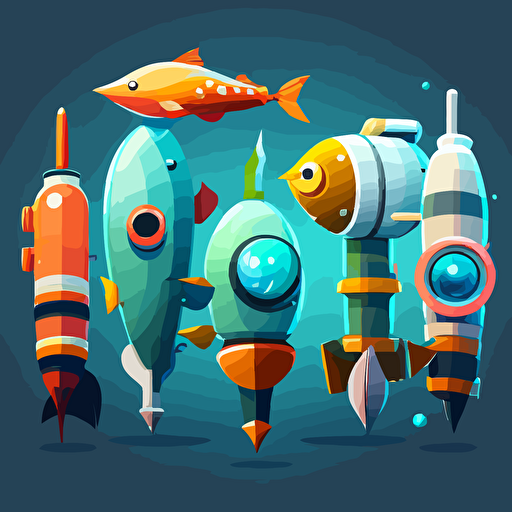 5 cartoony aquatic bazookas lined up, vector, theme is aquatic, cartoony, 2D, concept art, Pet Simulator X