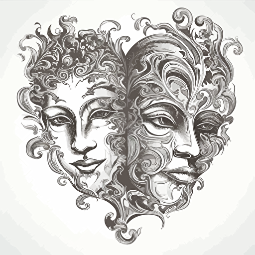 design for two theatrical masks, illustration, detailed, barroque, art, vector, white background,