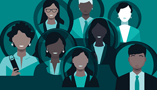 Executive search, group of potential leaders, multi-gender, multi-culture, multi-ethnicity, vector illustration, dark teal and grey