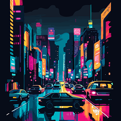 Create a cityscape vector image of a bustling metropolis at night, with towering skyscrapers illuminated by colorful neon lights, and a bustling street scene with cars, taxis, and people moving about.