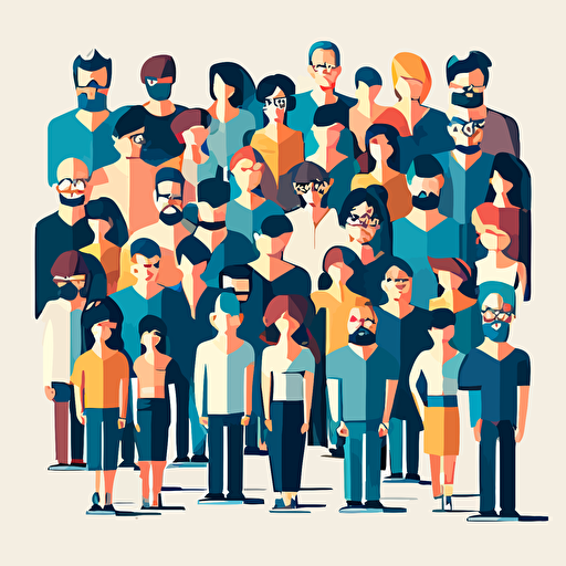 A large group of people all gathered together facing the camera. flat style illustration for business ideas, flat design vector, industrial, light color pallet using a limited color pallet, high resolution, engineering/ construction and design, colored cartoon style, light indigo and light gold, cad( computer aided design) , white background