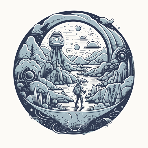 An astronaut explores an alien planet, A spacecraft hovers in the background, Cool blues and grays evoke mystery, Intricate details add depth and texture, Comic vector illustration style, flat design, minimalist logo, minimalist icon, flat icon, adobe illustrator, cute, simple