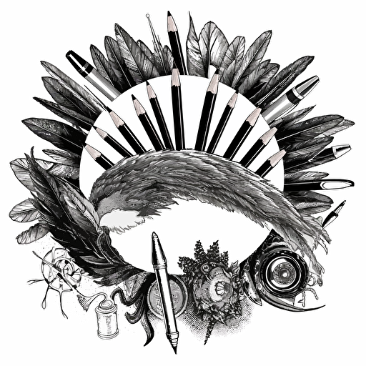 a black and white clipart of pencils and brushes, inscribed ina circle, vector, on white background