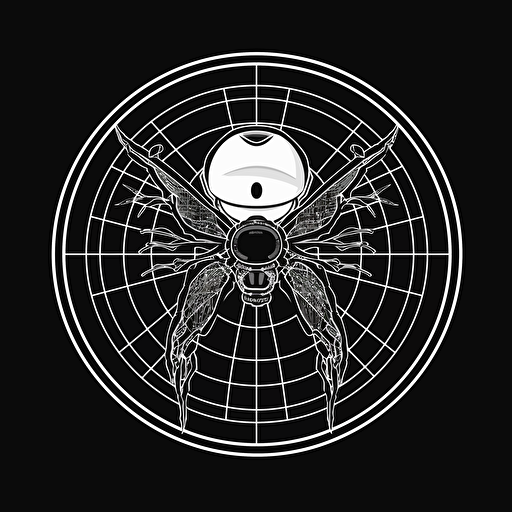 a logo image for an AI company of an araneus spider on a tennis racket, black and white, vector, 2d, minimalistic, cyberpunk, award-winning