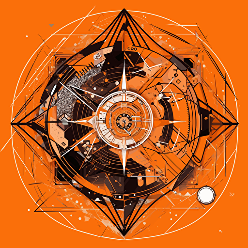 2D vector Oclock in geometry cyberpunk style. Colors: orange & white background
