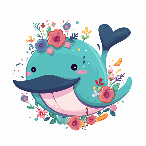 cute whale, detailed, cartoon style, 2d clipart vector, creative and imaginative, floral, hd, white background