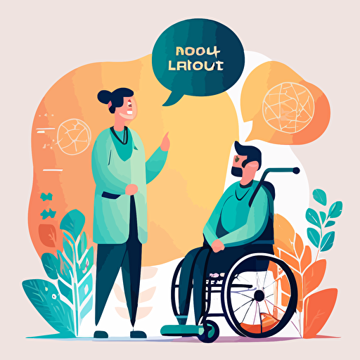 nurse standing behind man in wheelchair, happy, speech bubble, network, vector illustration, communication, interconnectedness, warm, positive