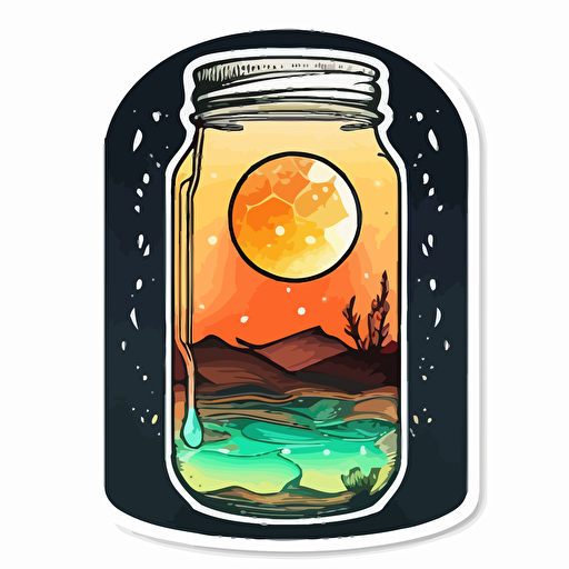 Mason jar with water under a full moon, Sticker, Adorable, Warm Colors, Retro, Contour, Vector, White Background, Detailed